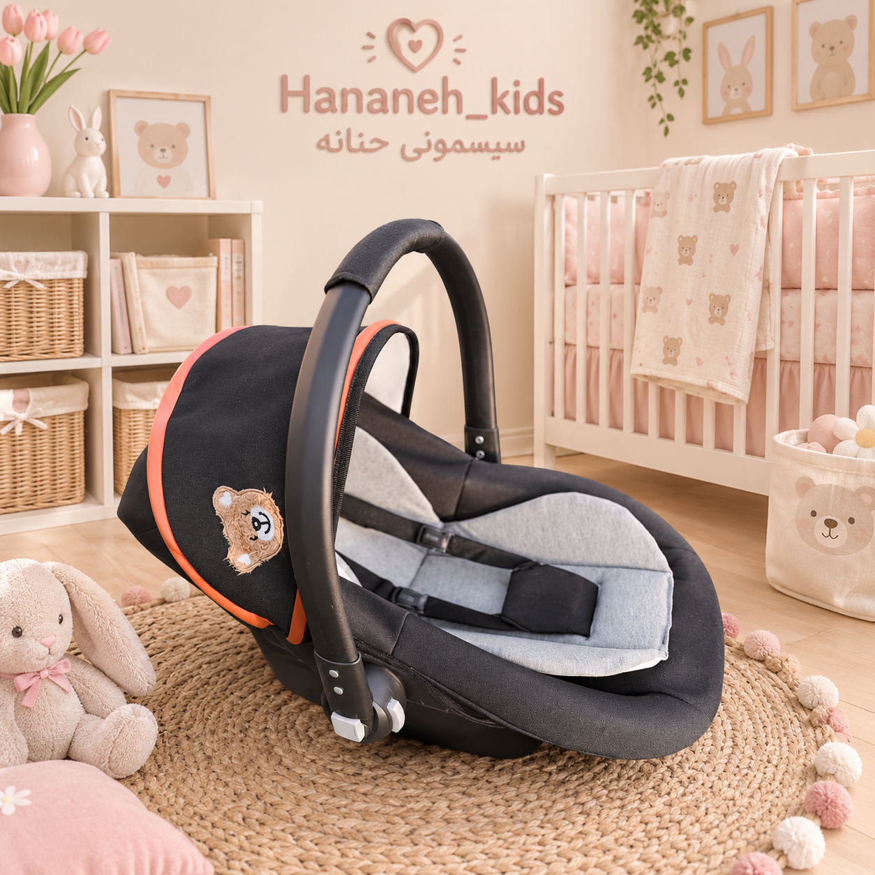 کریر کتان چرم خرس گلدوزی مشکی با اسکلت مشکی